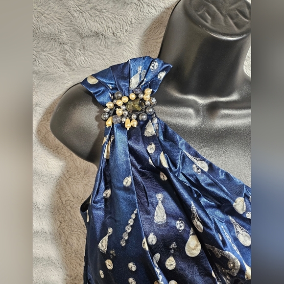 David Meister Blue Pearl Satin One Shoulder Sheath Cocktail Dress Jewel Print 6 - Picture 4 of 15